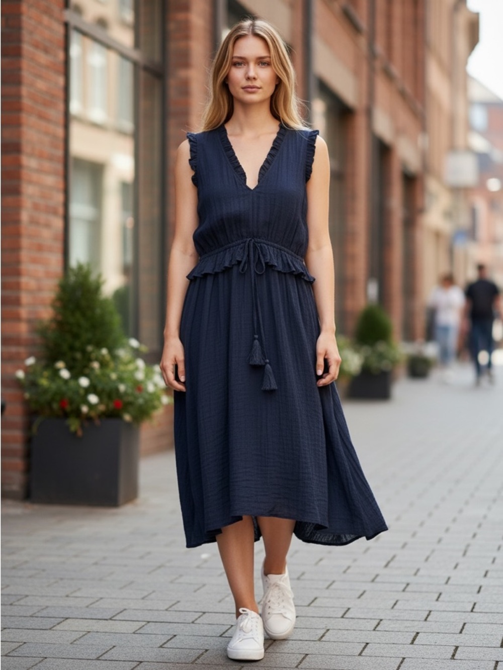 H&M Navy Sleeveless V-Neck Midi Dress with Tassel Tie